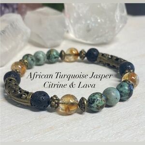 African Turquoise Jasper Citrine & Lava Gemstone Stretch Bracelet